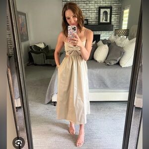 J. Crew Collection Bow Front Cutout Midi Dress in Stretch Taffeta Khaki Tan
